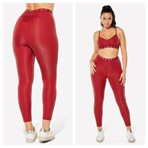 Yitty/Fabletics Spotlight Shaping Ruched Shimmer High Rise Ankle Leggings M Red